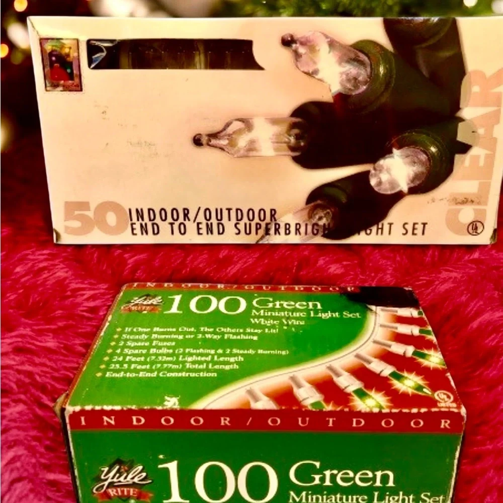 2 Sets of Christmas Lights 100 Green Miniature + 50 Clear New with Boxes